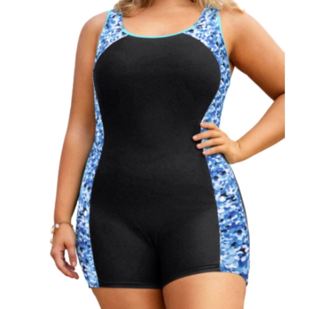 Hanna Nikole Swimsuit 24 W Blue Colorblock Boyleg Racerback One Piece Plus NWOT - Picture 3 of 11